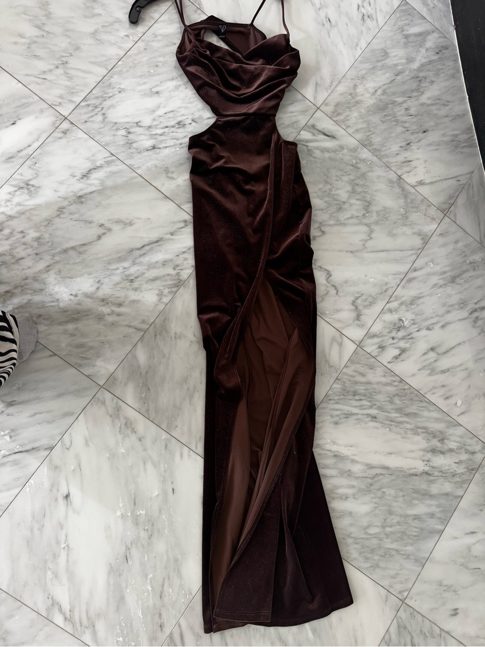 Elegant Brown Velvet Cowl Neck Cutout Maxi Dress